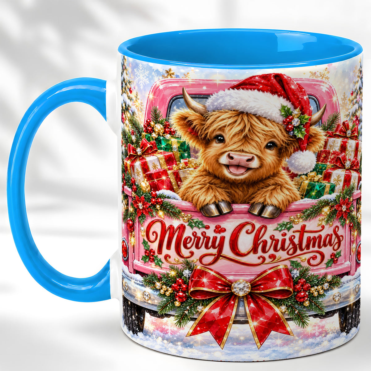 #pl[11oz|Blue] Sparkling Christmas Cow Coffee Mug, Holiday Cow Mug, Ceramic Cup