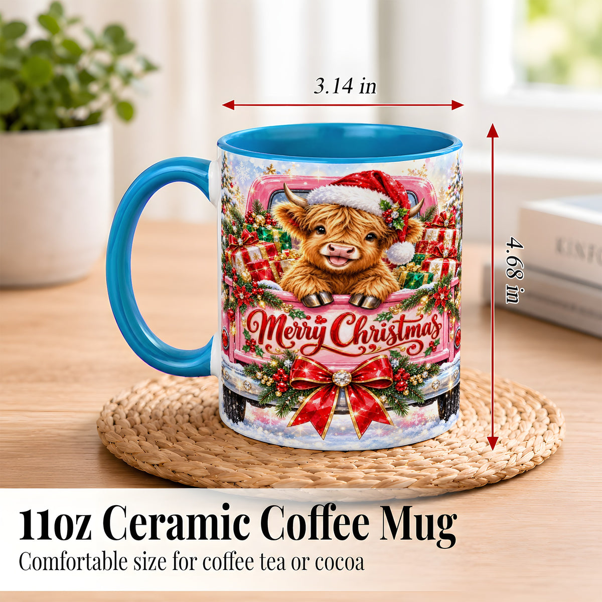 #pl[11oz|Blue] Sparkling Christmas Cow Coffee Mug, Holiday Cow Mug, Ceramic Cup