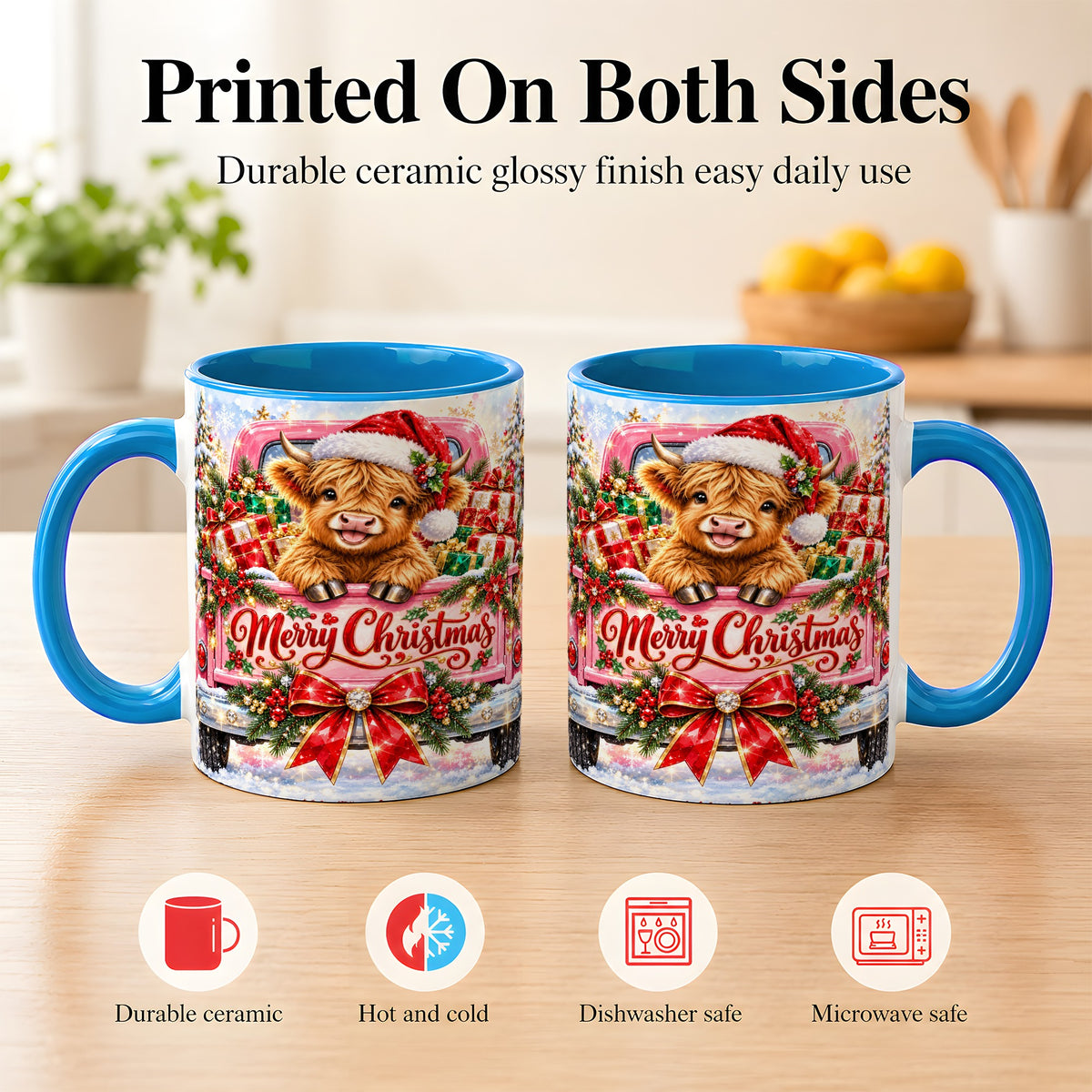 #pl[11oz|Blue] Sparkling Christmas Cow Coffee Mug, Holiday Cow Mug, Ceramic Cup