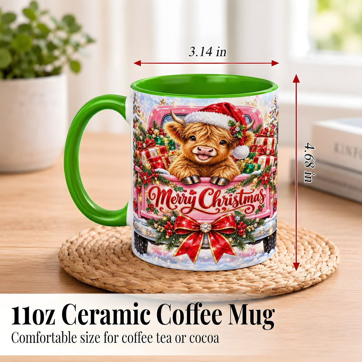 #pl[11oz|Green] Sparkling Christmas Cow Coffee Mug, Holiday Cow Mug, Ceramic Cup