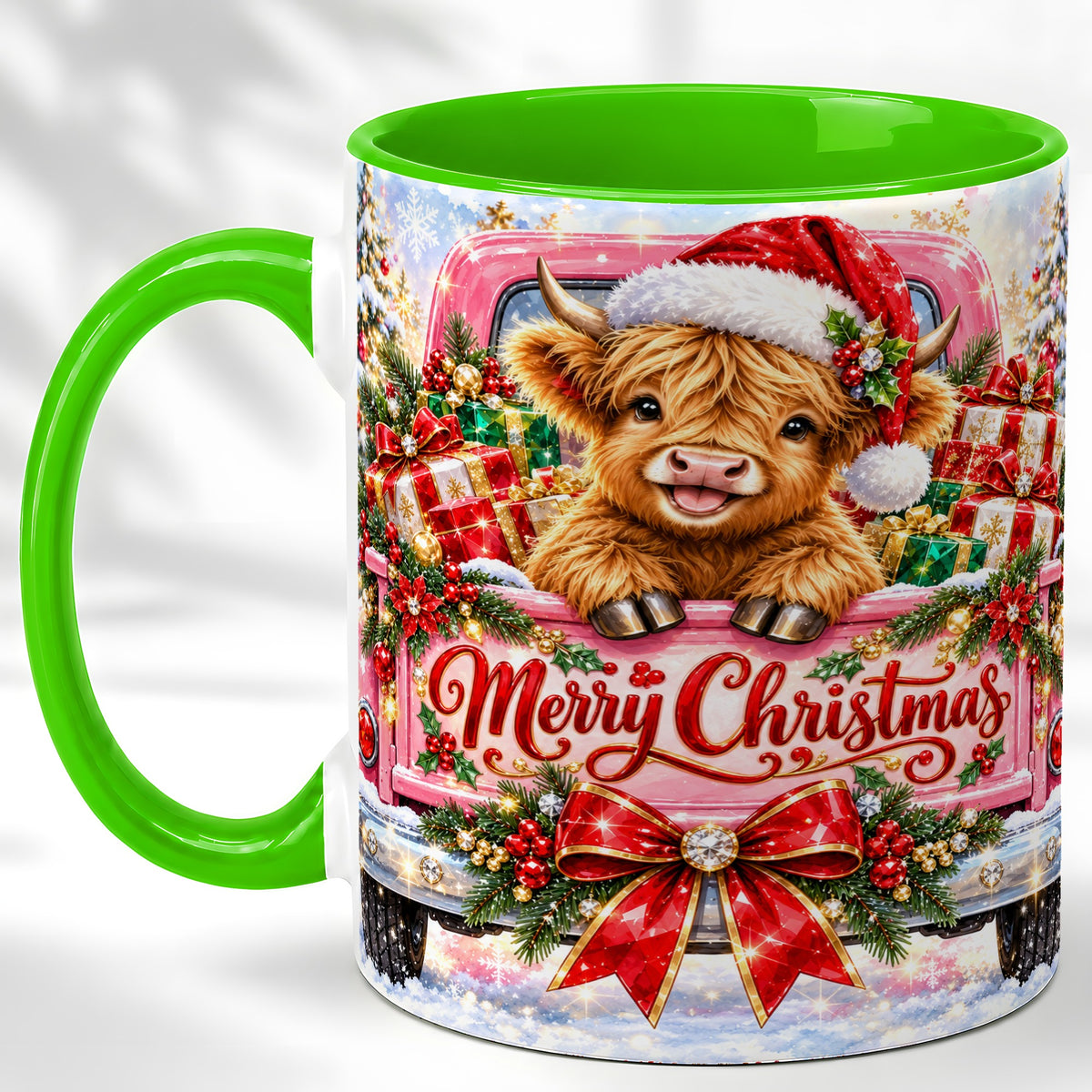 #pl[11oz|Green] Sparkling Christmas Cow Coffee Mug, Holiday Cow Mug, Ceramic Cup