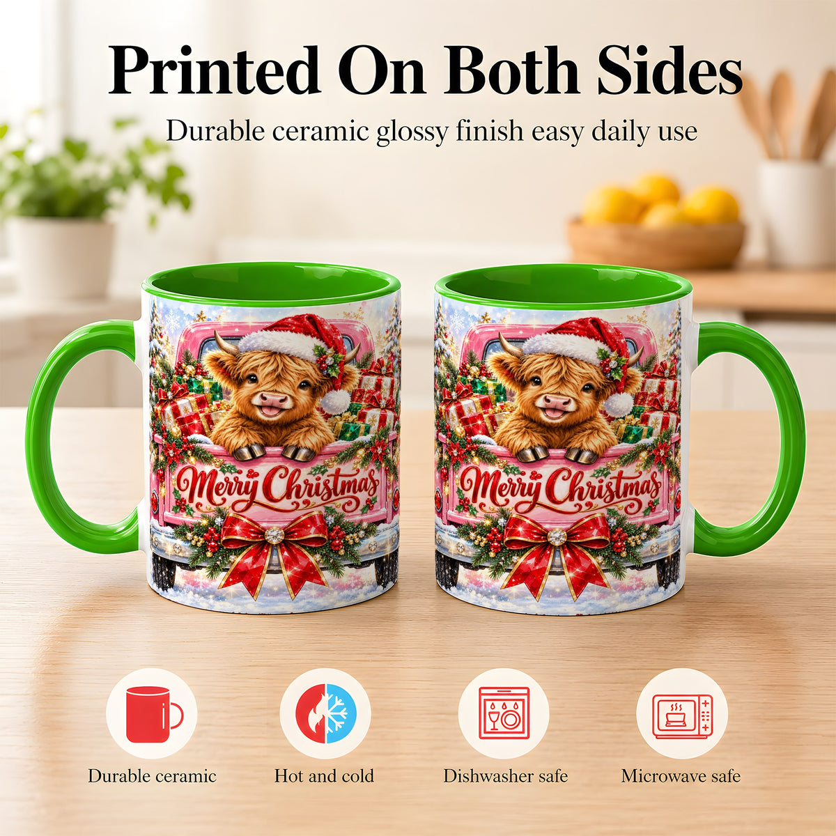 #pl[11oz|Green] Sparkling Christmas Cow Coffee Mug, Holiday Cow Mug, Ceramic Cup