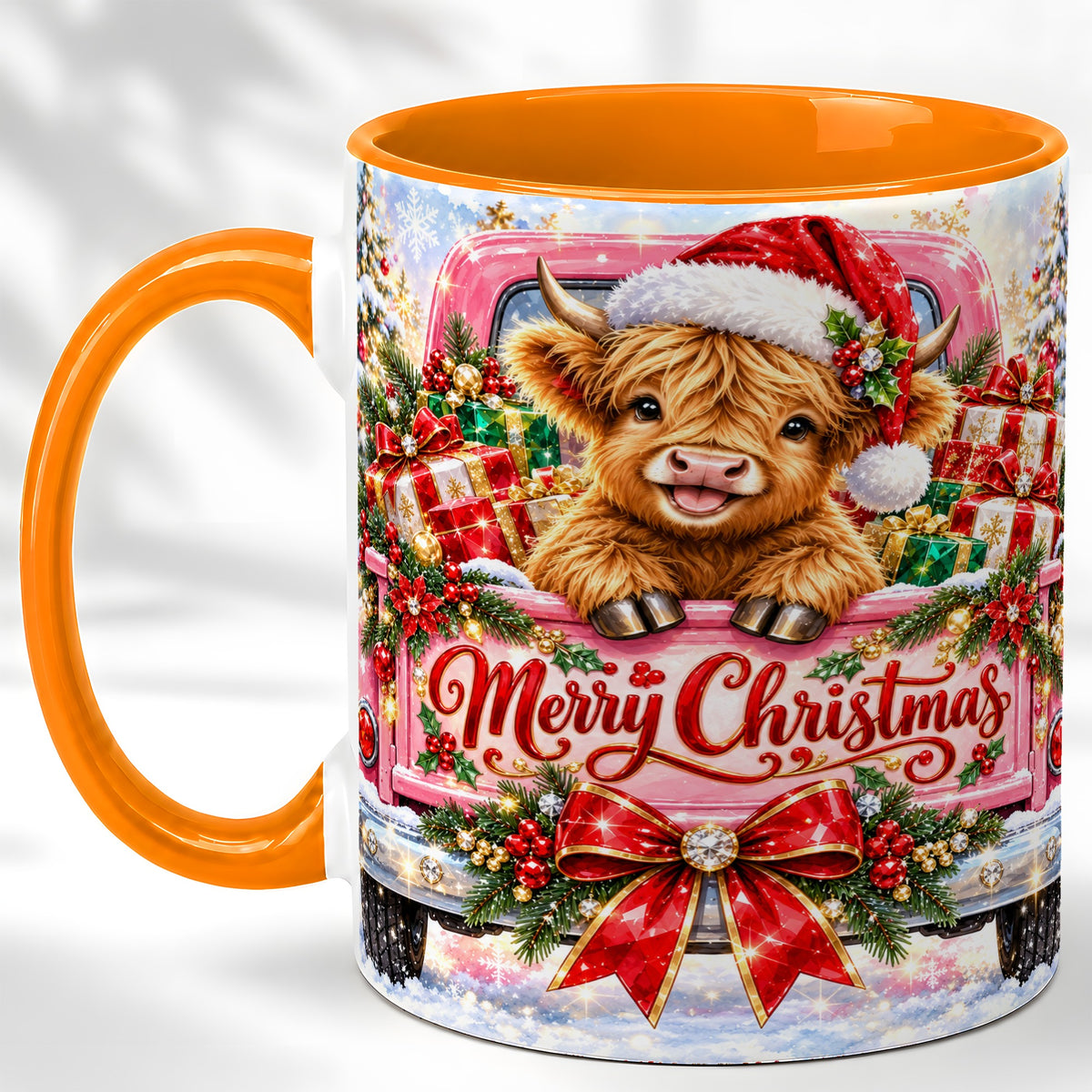 #pl[11oz|Orange] Sparkling Christmas Cow Coffee Mug, Holiday Cow Mug, Ceramic Cup