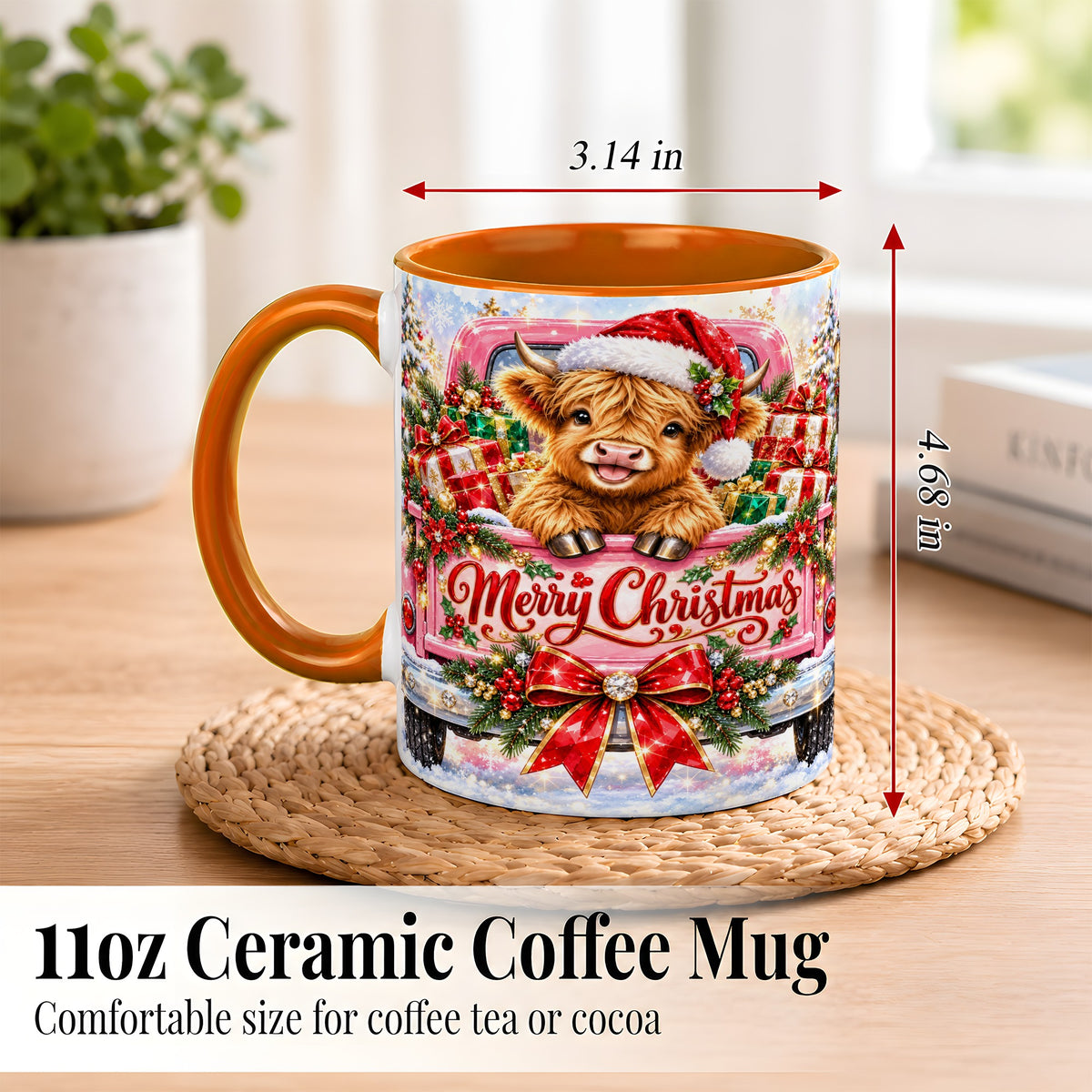 #pl[11oz|Orange] Sparkling Christmas Cow Coffee Mug, Holiday Cow Mug, Ceramic Cup