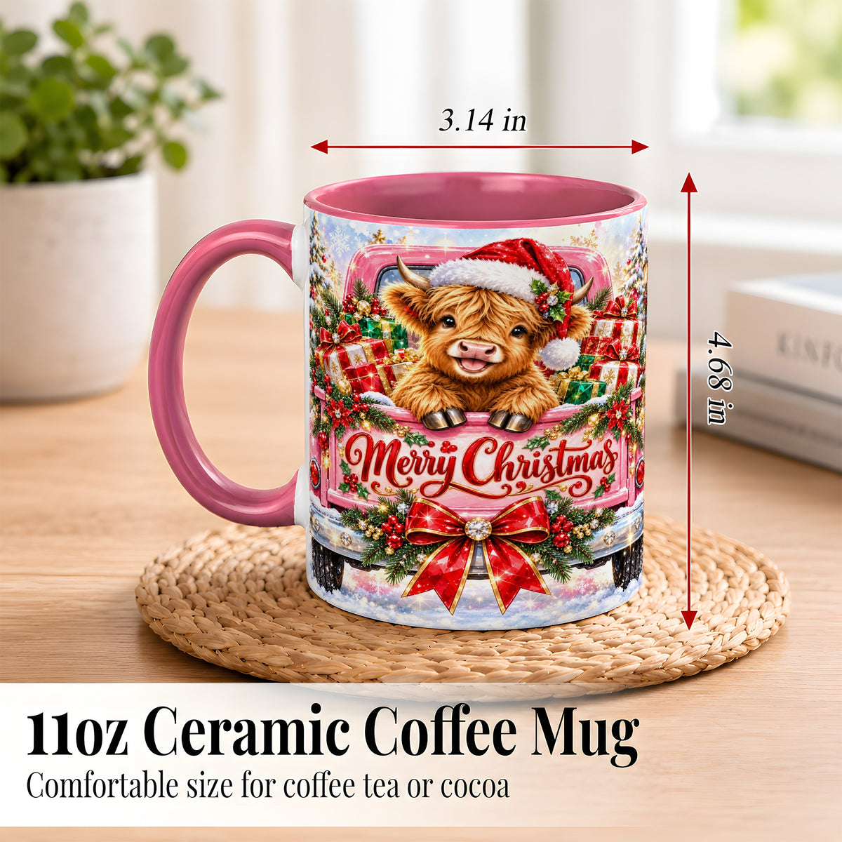 #pl[11oz|Pink] Sparkling Christmas Cow Coffee Mug, Holiday Cow Mug, Ceramic Cup