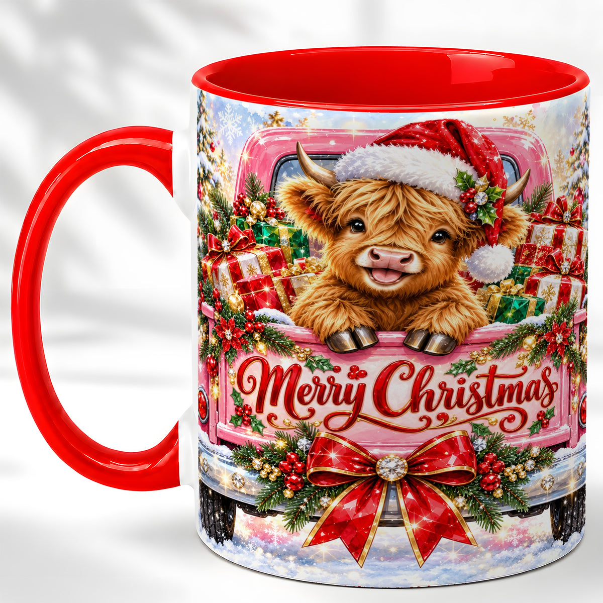 #pl[11oz|Red] Sparkling Christmas Cow Coffee Mug, Holiday Cow Mug, Ceramic Cup