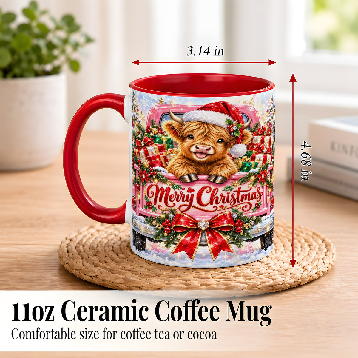 #pl[11oz|Red] Sparkling Christmas Cow Coffee Mug, Holiday Cow Mug, Ceramic Cup