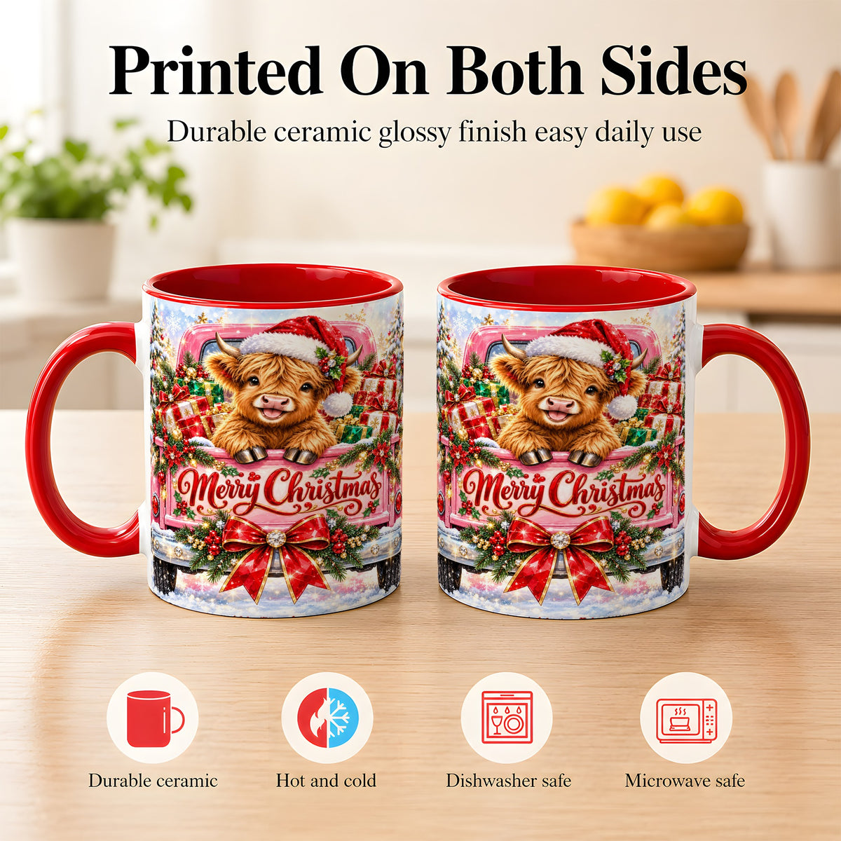 #pl[11oz|Red] Sparkling Christmas Cow Coffee Mug, Holiday Cow Mug, Ceramic Cup
