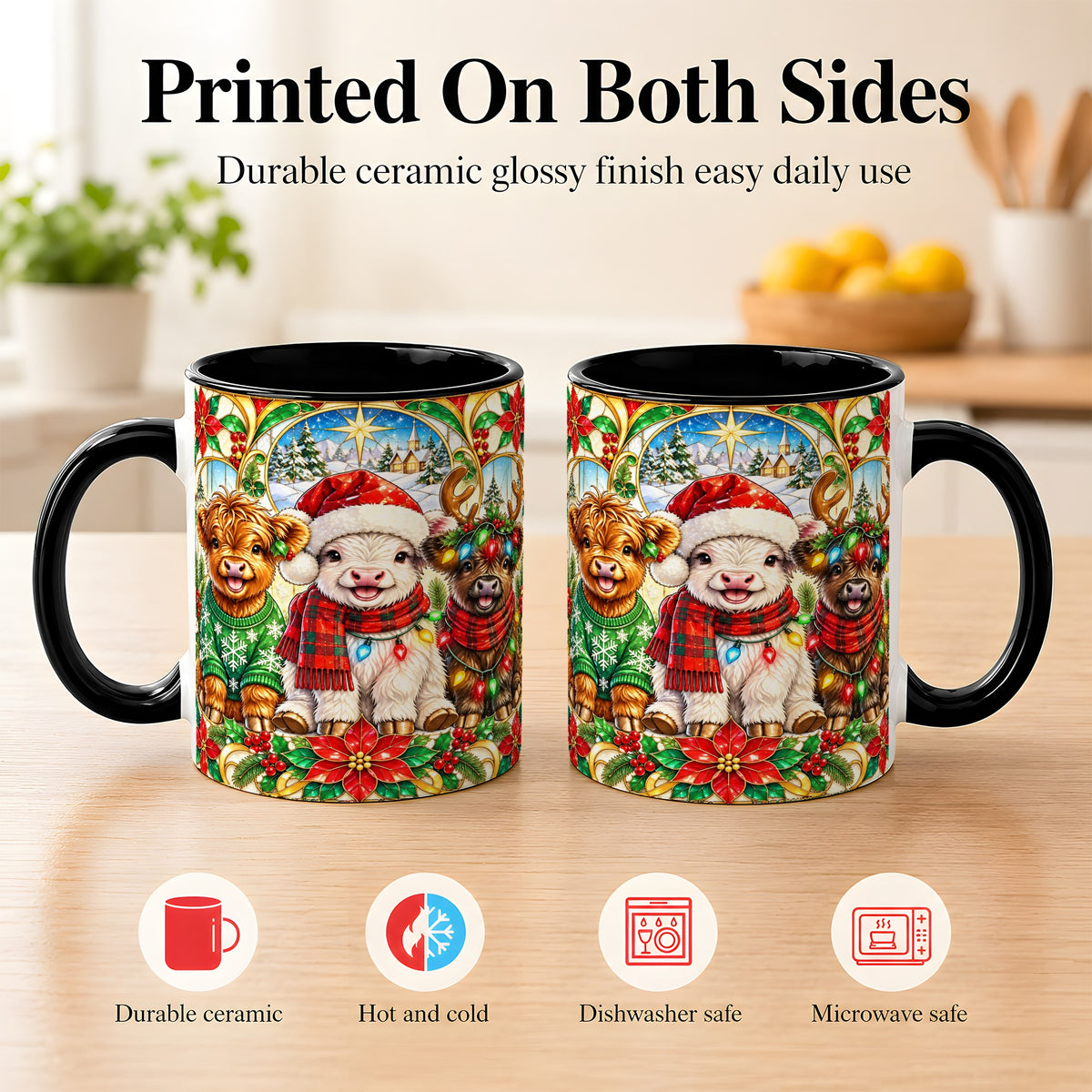 #pl[11oz|Black] Christmas Cow Trio Coffee Mug, Festive Cattle Mug, Ceramic Cup