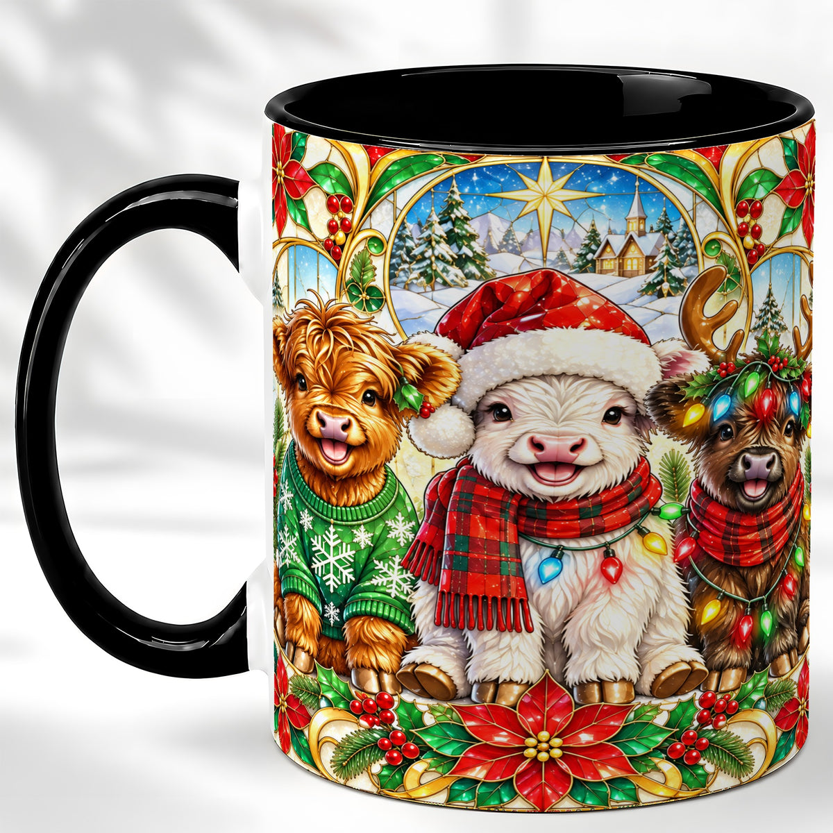 #pl[11oz|Black] Christmas Cow Trio Coffee Mug, Festive Cattle Mug, Ceramic Cup