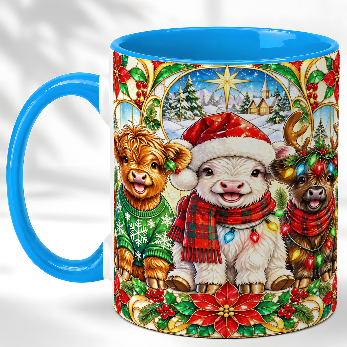 #pl[11oz|Blue] Christmas Cow Trio Coffee Mug, Festive Cattle Mug, Ceramic Cup