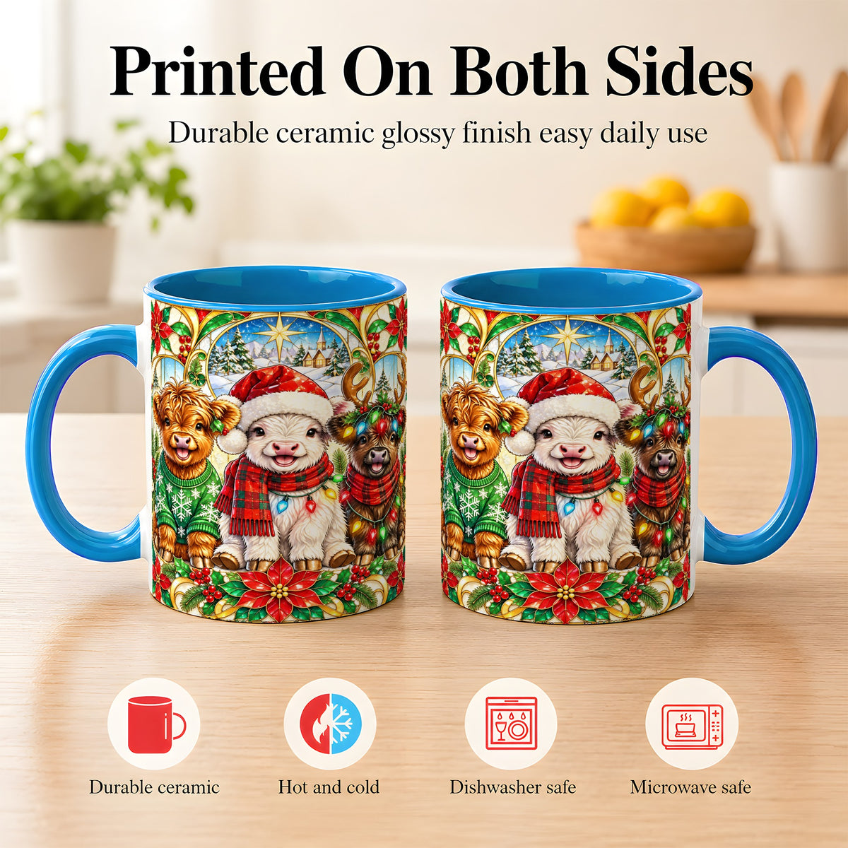 #pl[11oz|Blue] Christmas Cow Trio Coffee Mug, Festive Cattle Mug, Ceramic Cup