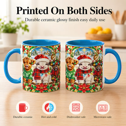 #pl[11oz|Blue] Christmas Cow Trio Coffee Mug, Festive Cattle Mug, Ceramic Cup