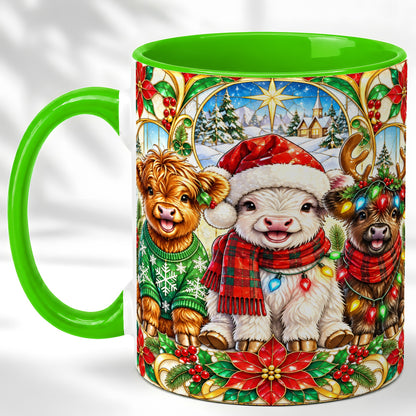 #pl[11oz|Green] Christmas Cow Trio Coffee Mug, Festive Cattle Mug, Ceramic Cup