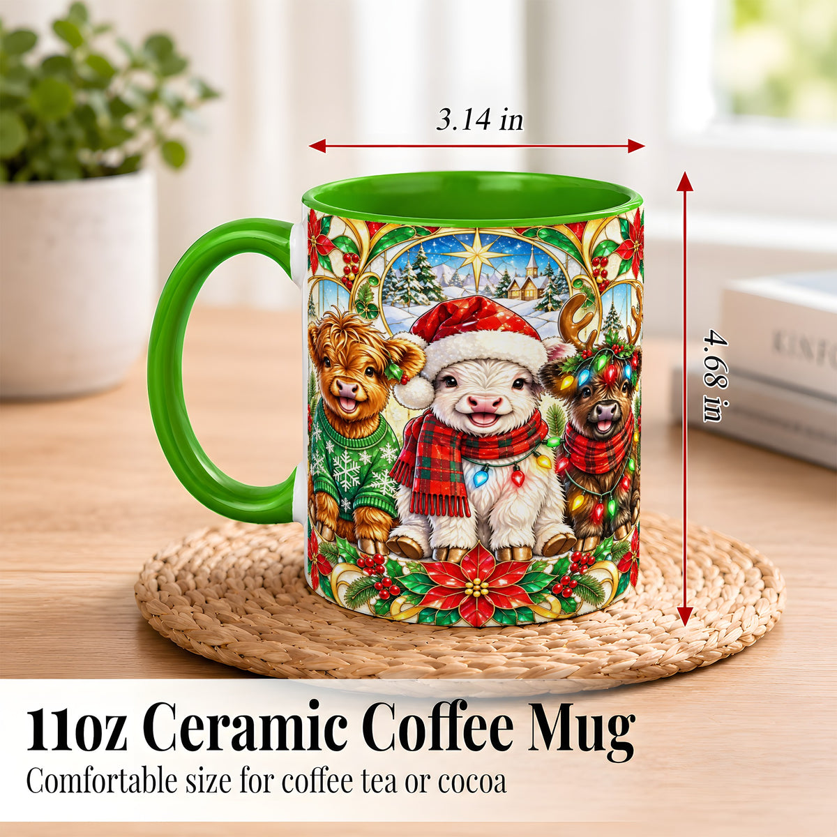 #pl[11oz|Green] Christmas Cow Trio Coffee Mug, Festive Cattle Mug, Ceramic Cup