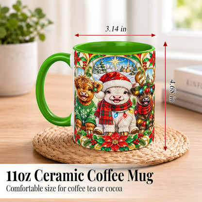 #pl[11oz|Green] Christmas Cow Trio Coffee Mug, Festive Cattle Mug, Ceramic Cup
