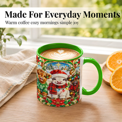 #pl[11oz|Green] Christmas Cow Trio Coffee Mug, Festive Cattle Mug, Ceramic Cup