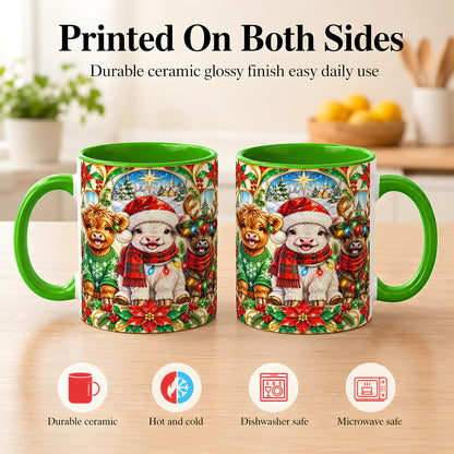 #pl[11oz|Green] Christmas Cow Trio Coffee Mug, Festive Cattle Mug, Ceramic Cup