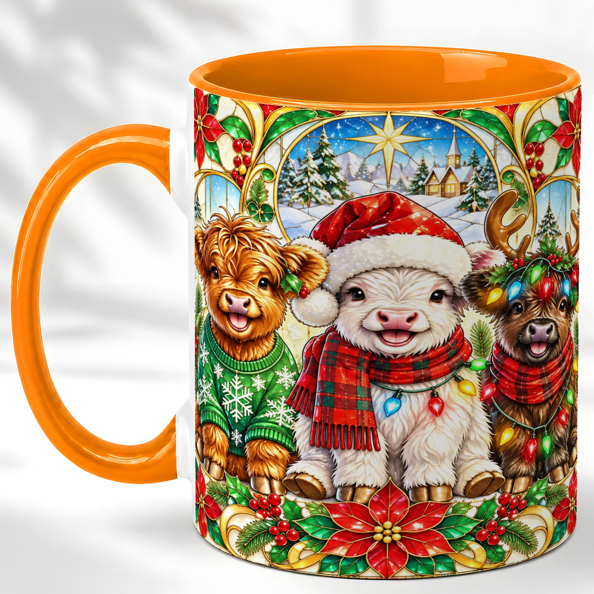 #pl[11oz|Orange] Christmas Cow Trio Coffee Mug, Festive Cattle Mug, Ceramic Cup