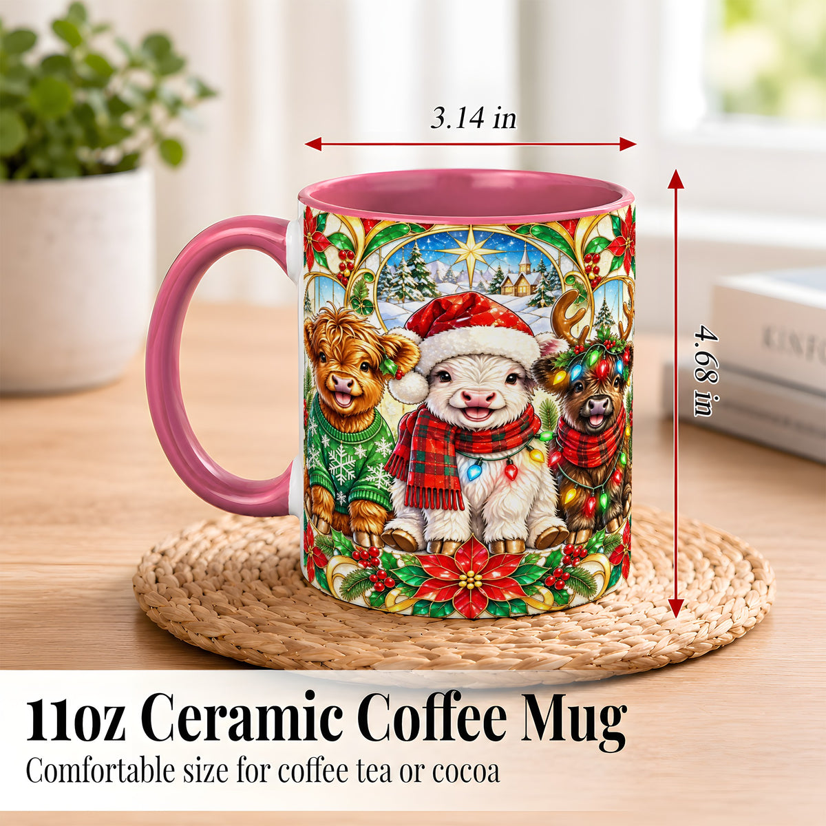#pl[11oz|Pink] Christmas Cow Trio Coffee Mug, Festive Cattle Mug, Ceramic Cup