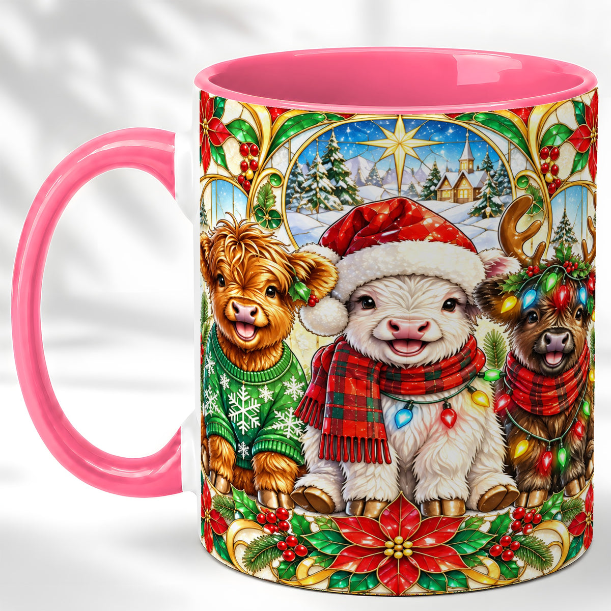 #pl[11oz|Pink] Christmas Cow Trio Coffee Mug, Festive Cattle Mug, Ceramic Cup