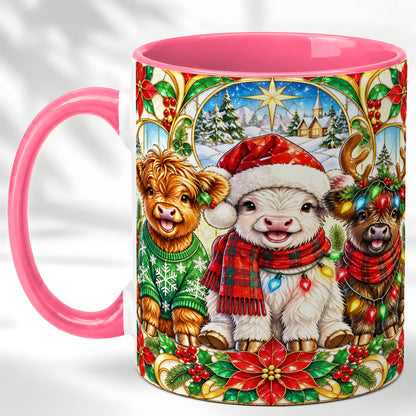 #pl[11oz|Pink] Christmas Cow Trio Coffee Mug, Festive Cattle Mug, Ceramic Cup