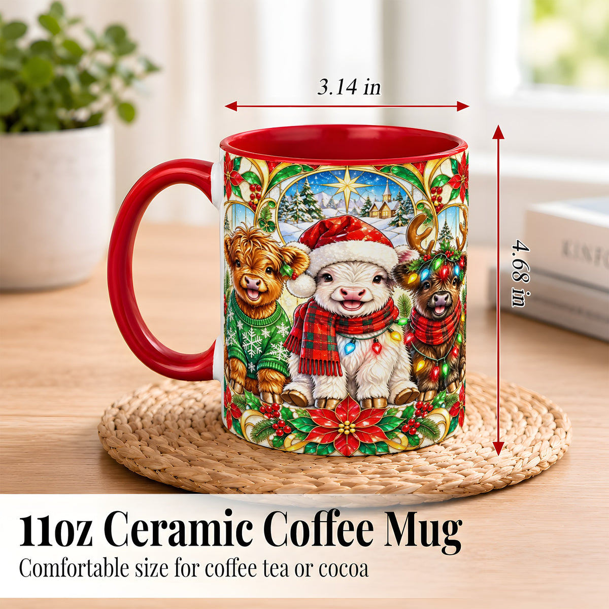 #pl[11oz|Red] Christmas Cow Trio Coffee Mug, Festive Cattle Mug, Ceramic Cup