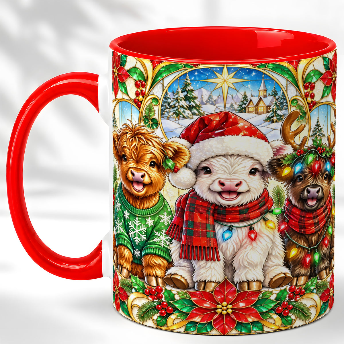 #pl[11oz|Red] Christmas Cow Trio Coffee Mug, Festive Cattle Mug, Ceramic Cup