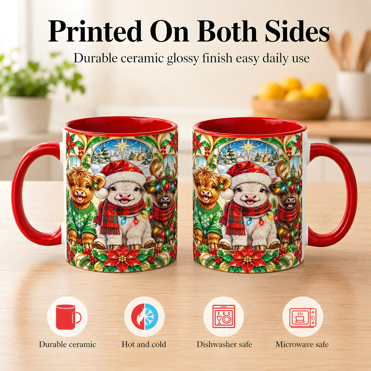 #pl[11oz|Red] Christmas Cow Trio Coffee Mug, Festive Cattle Mug, Ceramic Cup