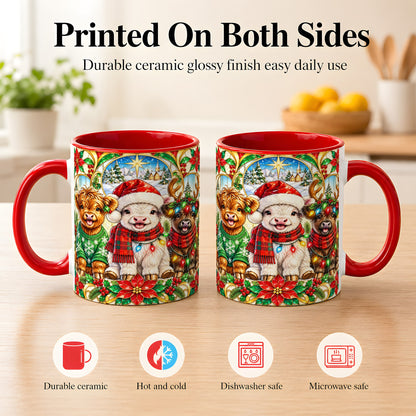 #pl[11oz|Red] Christmas Cow Trio Coffee Mug, Festive Cattle Mug, Ceramic Cup