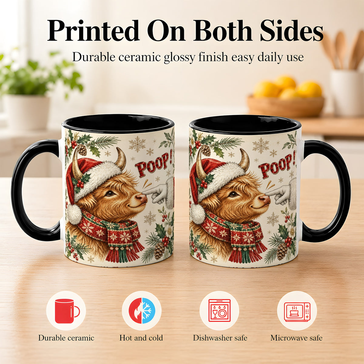 #pl[11oz|Black] Funny Highland Cow Coffee Mug, Holiday Cow Mug, Ceramic Cup