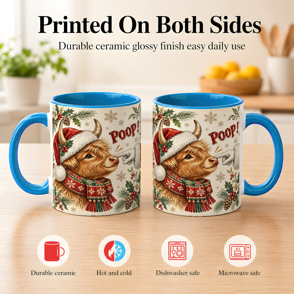 #pl[11oz|Blue] Funny Highland Cow Coffee Mug, Holiday Cow Mug, Ceramic Cup