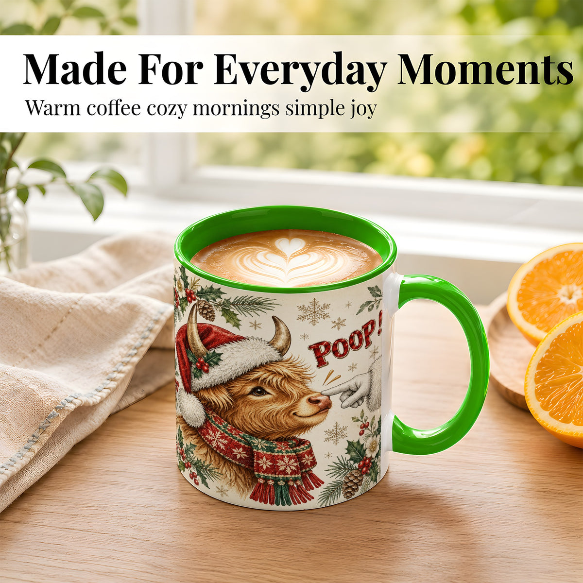 #pl[11oz|Green] Funny Highland Cow Coffee Mug, Holiday Cow Mug, Ceramic Cup