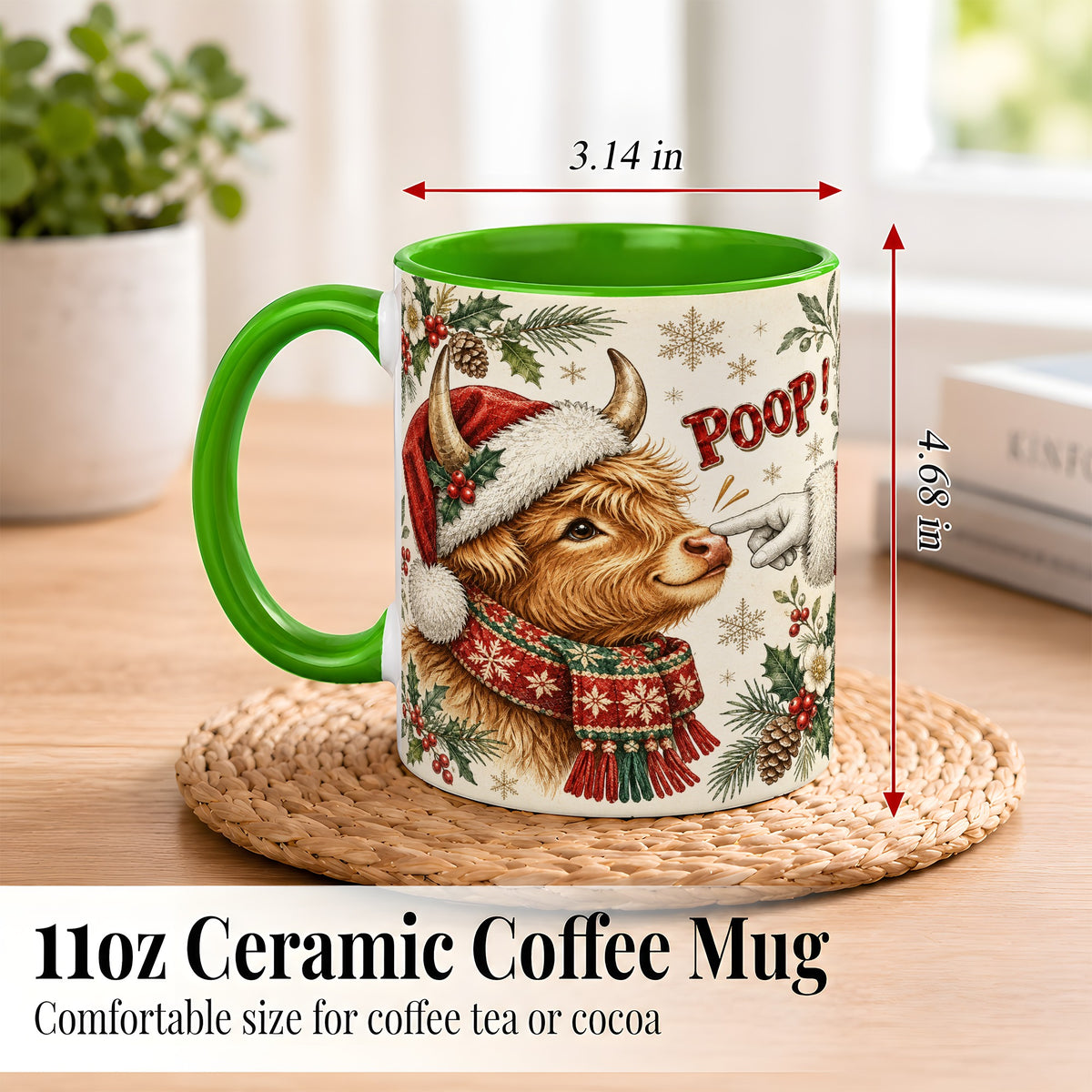 #pl[11oz|Green] Funny Highland Cow Coffee Mug, Holiday Cow Mug, Ceramic Cup