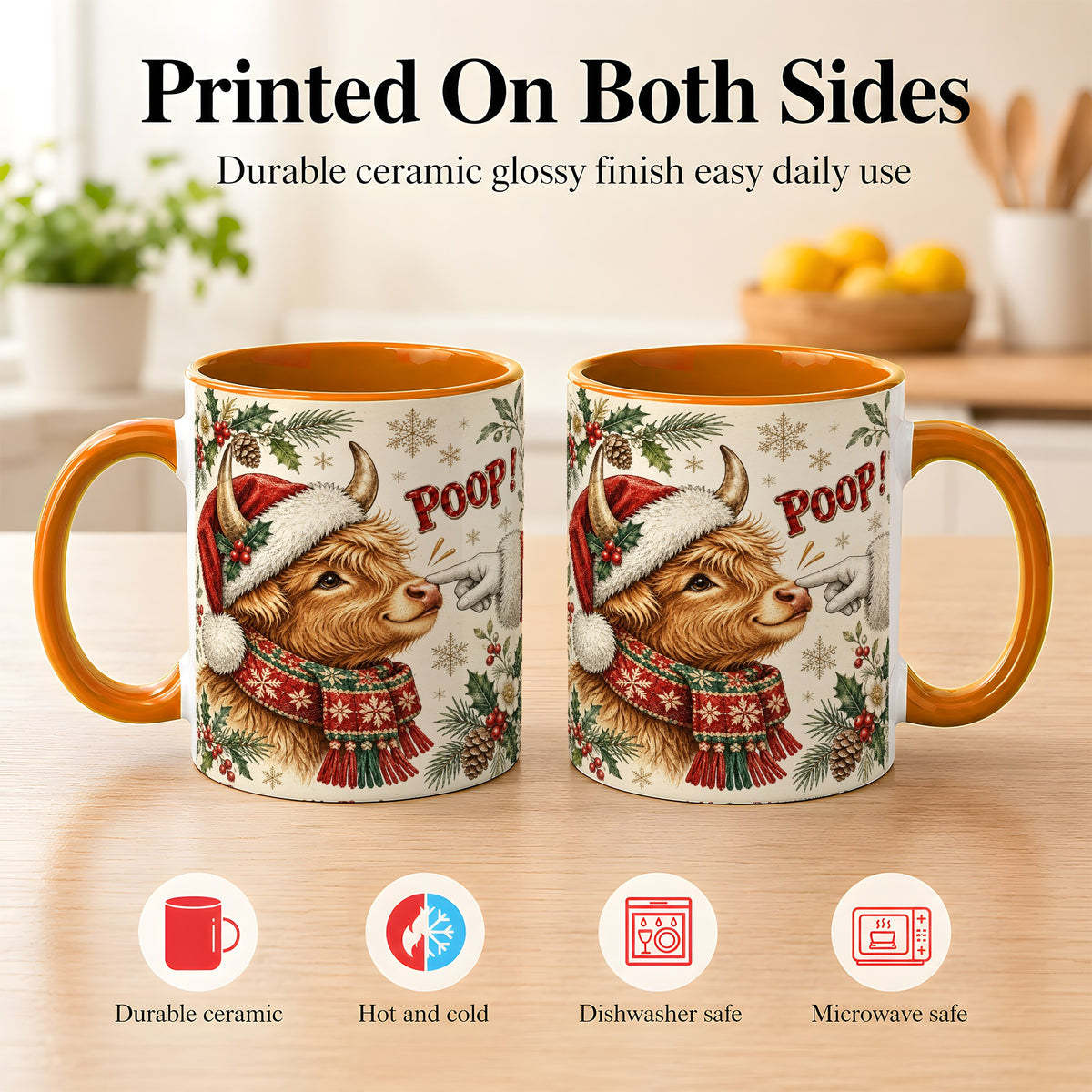 #pl[11oz|Orange] Funny Highland Cow Coffee Mug, Holiday Cow Mug, Ceramic Cup