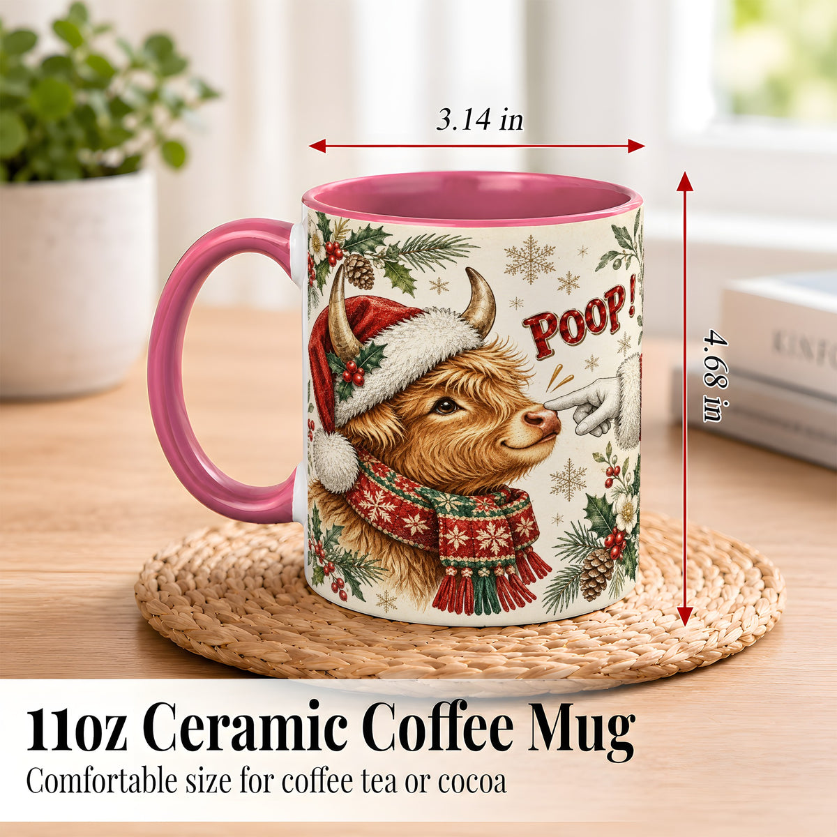 #pl[11oz|Pink] Funny Highland Cow Coffee Mug, Holiday Cow Mug, Ceramic Cup