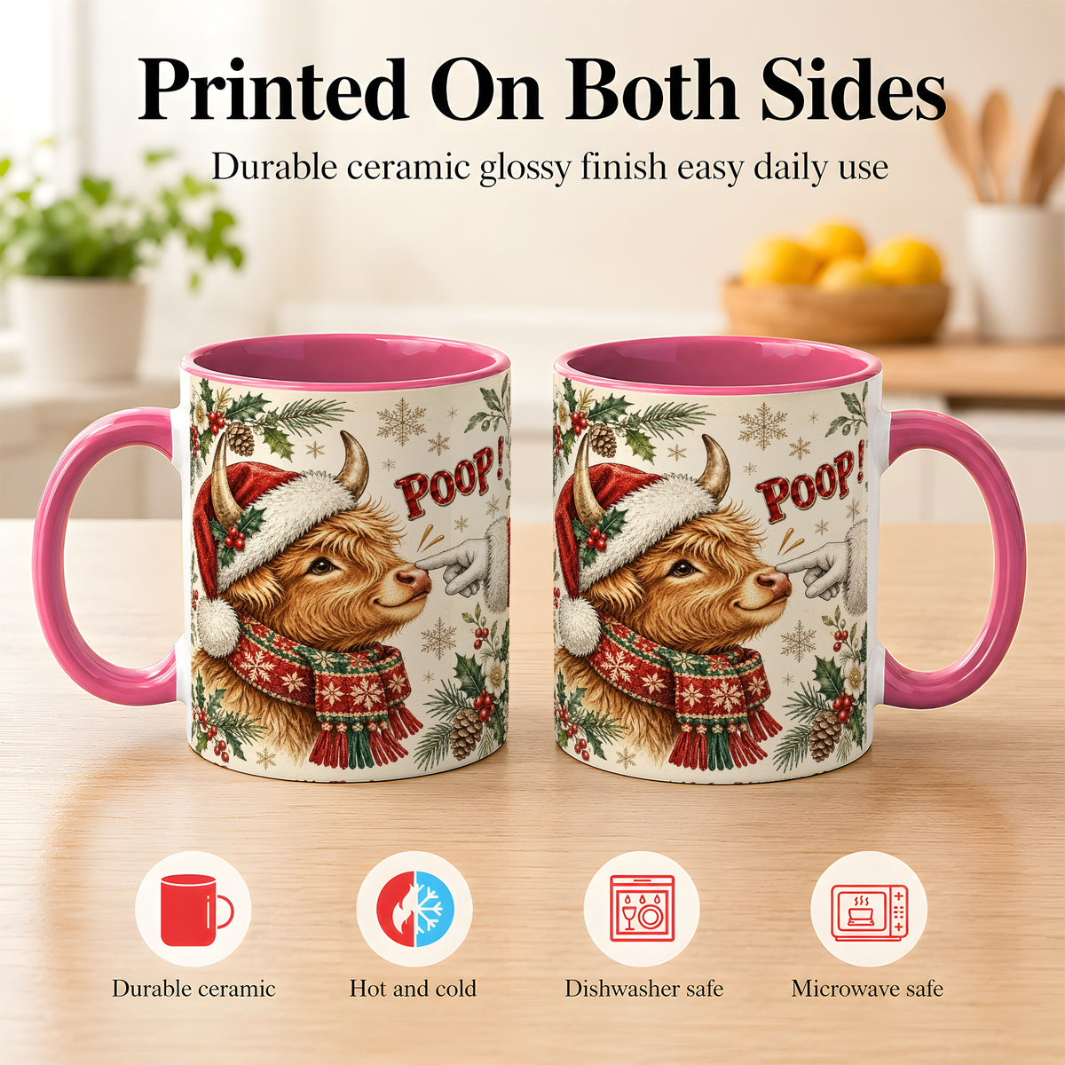 #pl[11oz|Pink] Funny Highland Cow Coffee Mug, Holiday Cow Mug, Ceramic Cup