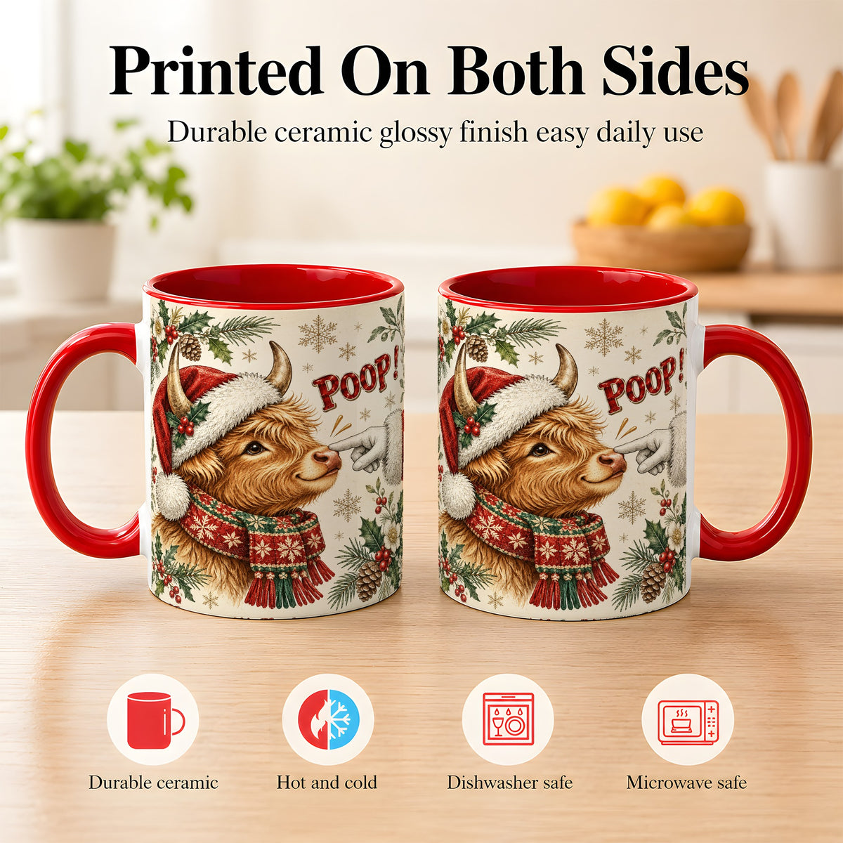 #pl[11oz|Red] Funny Highland Cow Coffee Mug, Holiday Cow Mug, Ceramic Cup