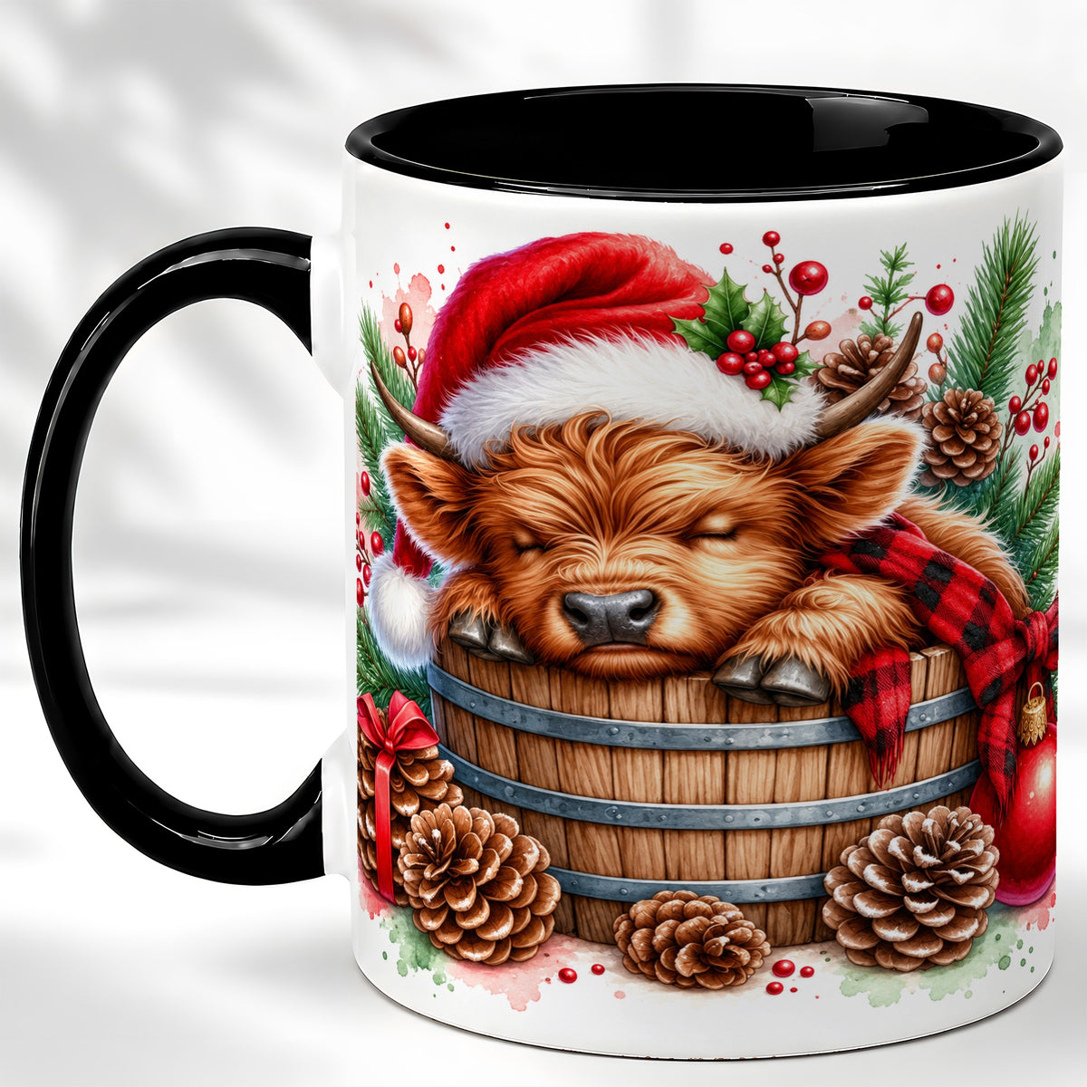 #pl[11oz|Black] Sleeping Highland Cow Coffee Mug, Christmas Cow Mug, Ceramic Cup
