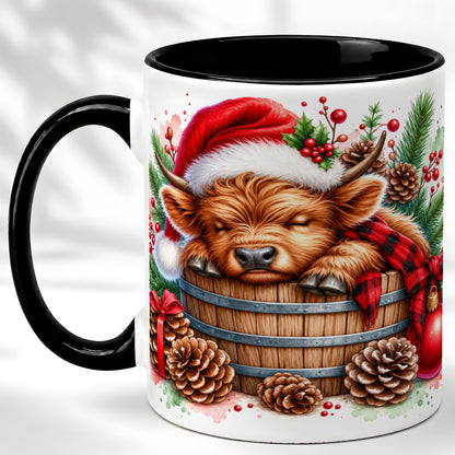 #pl[11oz|Black] Sleeping Highland Cow Coffee Mug, Christmas Cow Mug, Ceramic Cup