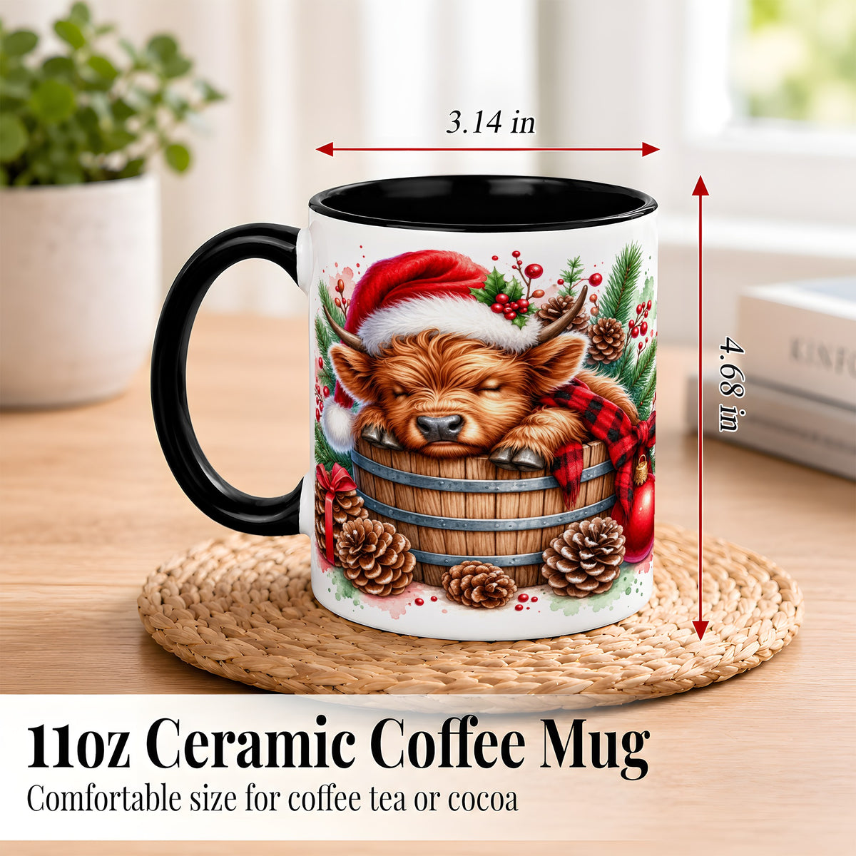 #pl[11oz|Black] Sleeping Highland Cow Coffee Mug, Christmas Cow Mug, Ceramic Cup