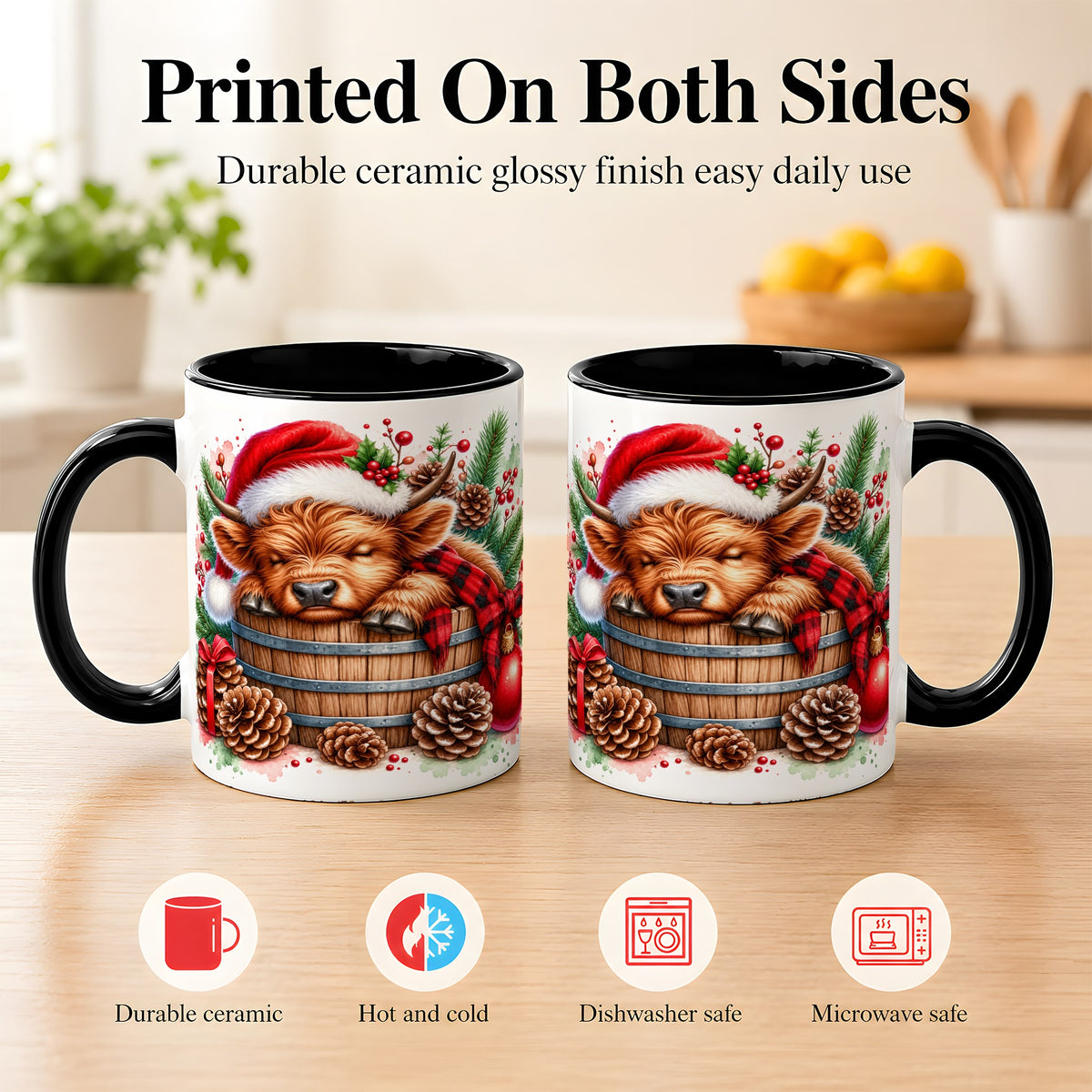 #pl[11oz|Black] Sleeping Highland Cow Coffee Mug, Christmas Cow Mug, Ceramic Cup
