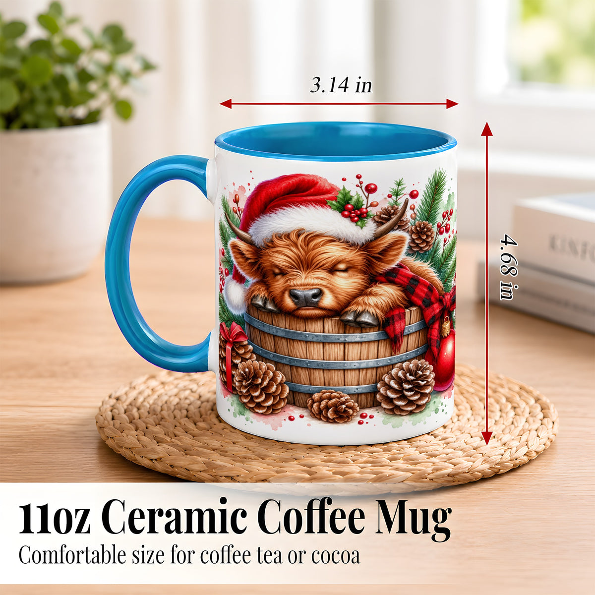 #pl[11oz|Blue] Sleeping Highland Cow Coffee Mug, Christmas Cow Mug, Ceramic Cup