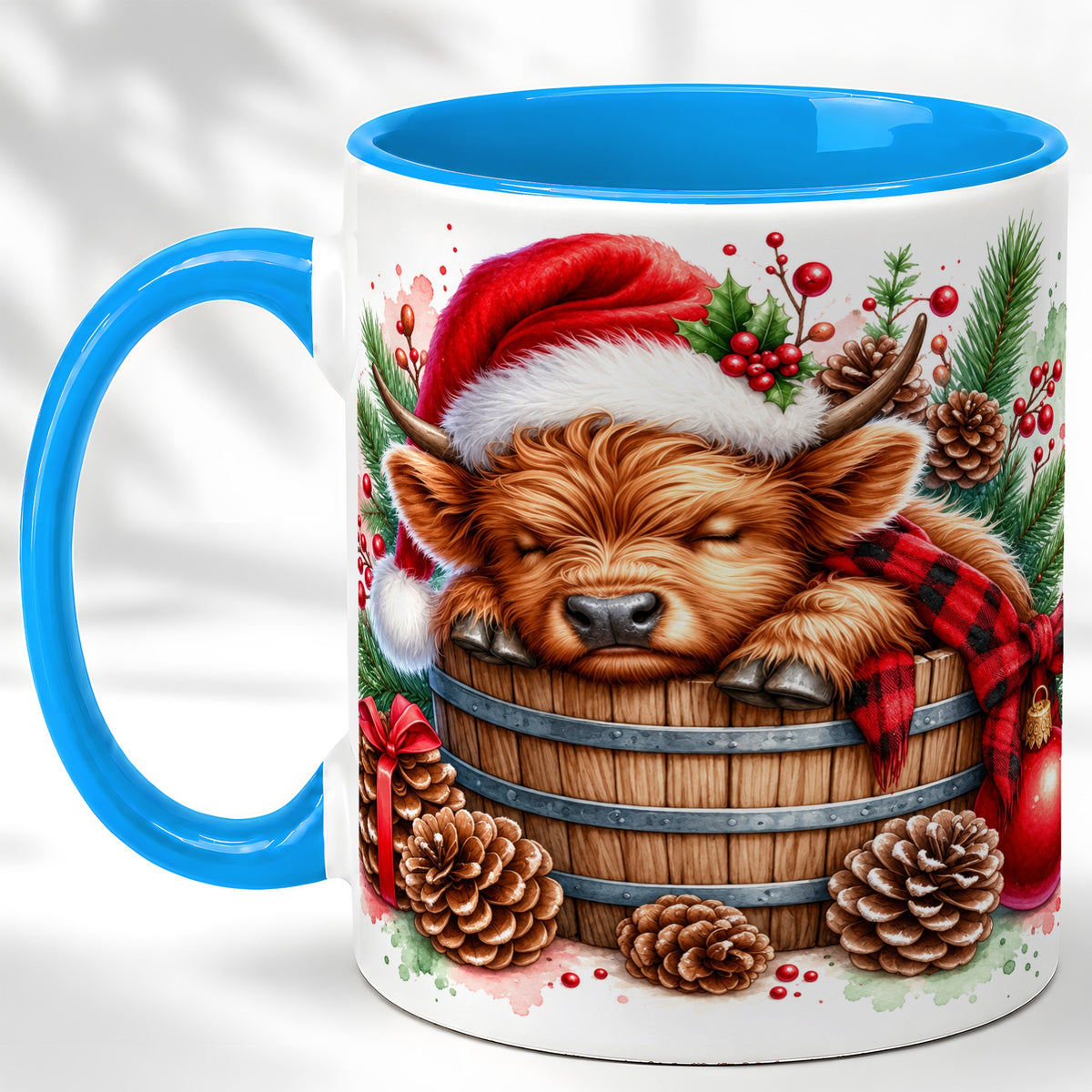 #pl[11oz|Blue] Sleeping Highland Cow Coffee Mug, Christmas Cow Mug, Ceramic Cup
