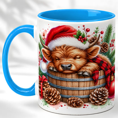 #pl[11oz|Blue] Sleeping Highland Cow Coffee Mug, Christmas Cow Mug, Ceramic Cup