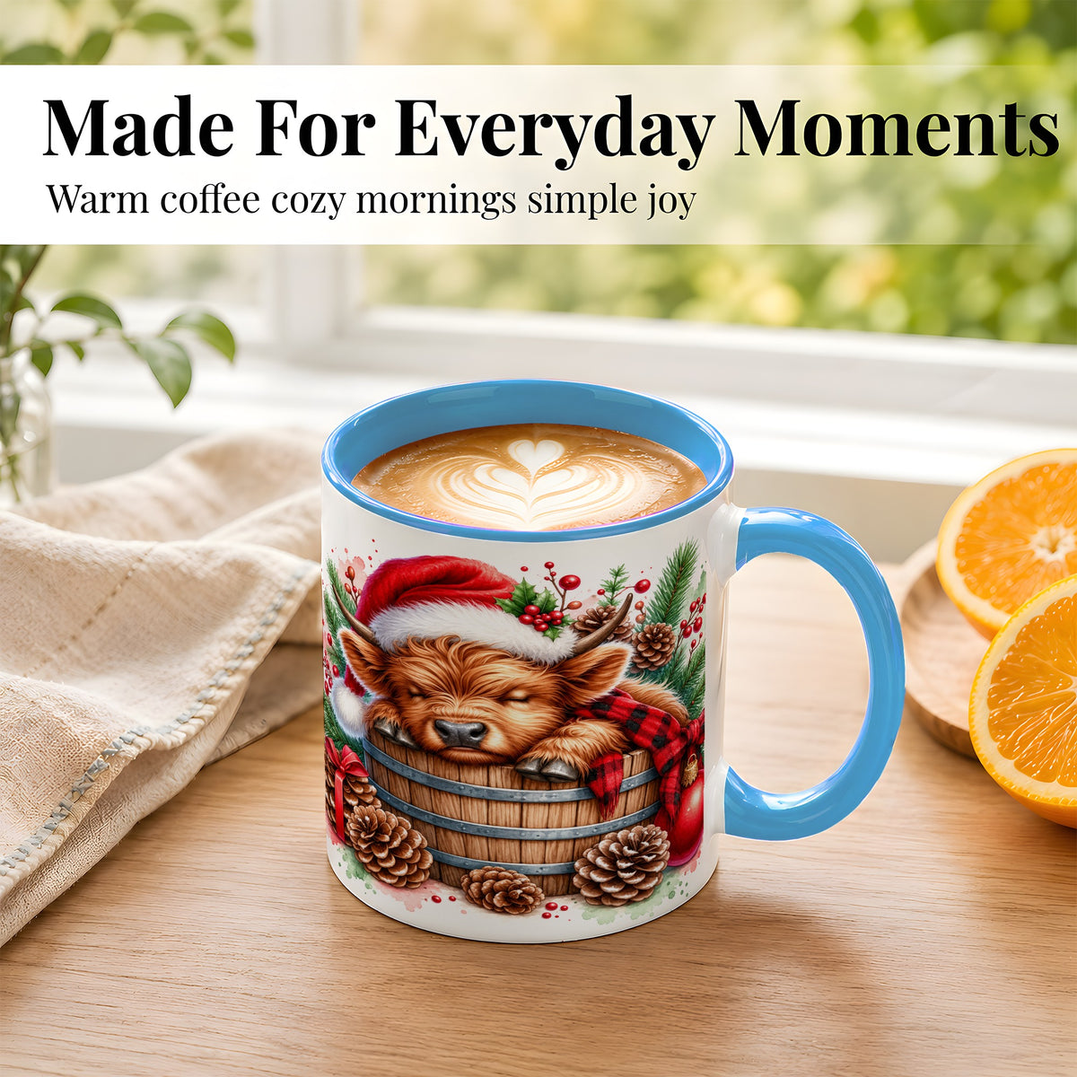 #pl[11oz|Blue] Sleeping Highland Cow Coffee Mug, Christmas Cow Mug, Ceramic Cup