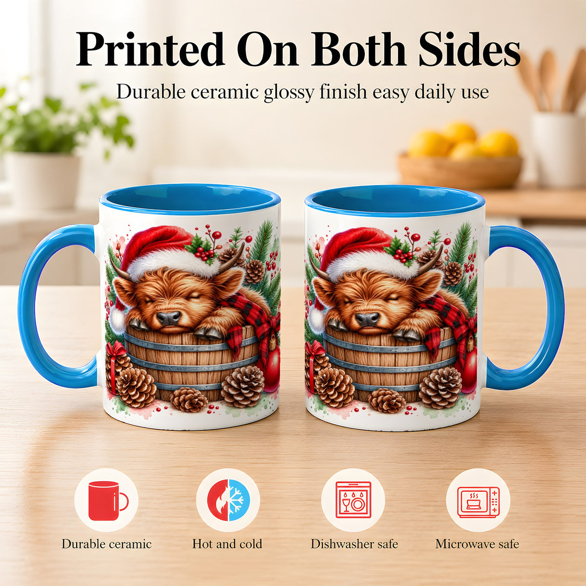 #pl[11oz|Blue] Sleeping Highland Cow Coffee Mug, Christmas Cow Mug, Ceramic Cup
