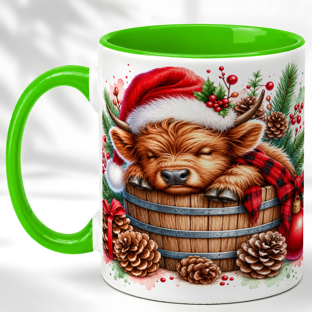 #pl[11oz|Green] Sleeping Highland Cow Coffee Mug, Christmas Cow Mug, Ceramic Cup