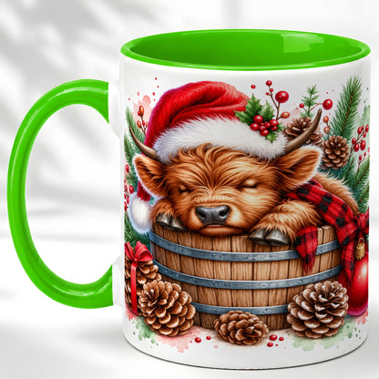 #pl[11oz|Green] Sleeping Highland Cow Coffee Mug, Christmas Cow Mug, Ceramic Cup