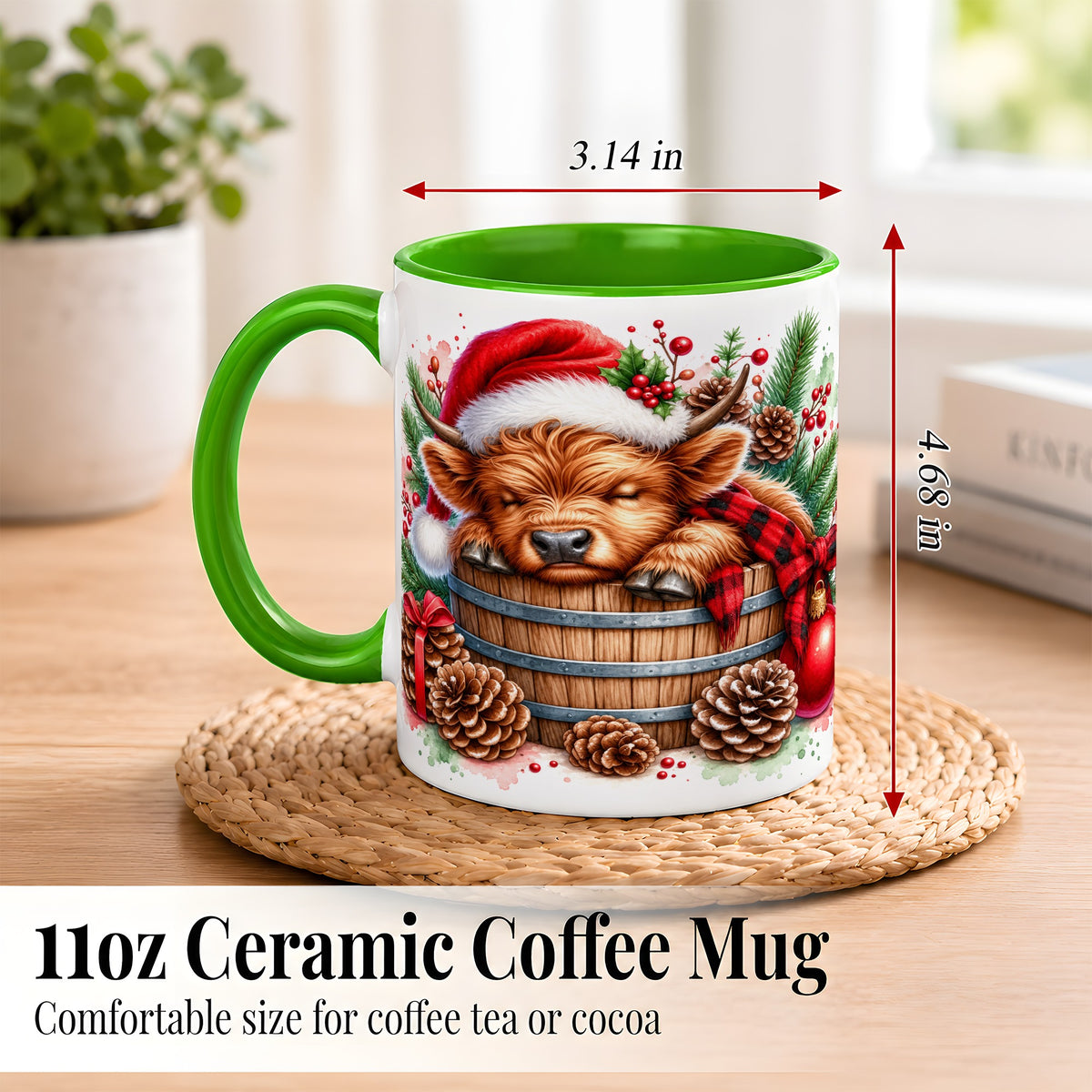 #pl[11oz|Green] Sleeping Highland Cow Coffee Mug, Christmas Cow Mug, Ceramic Cup